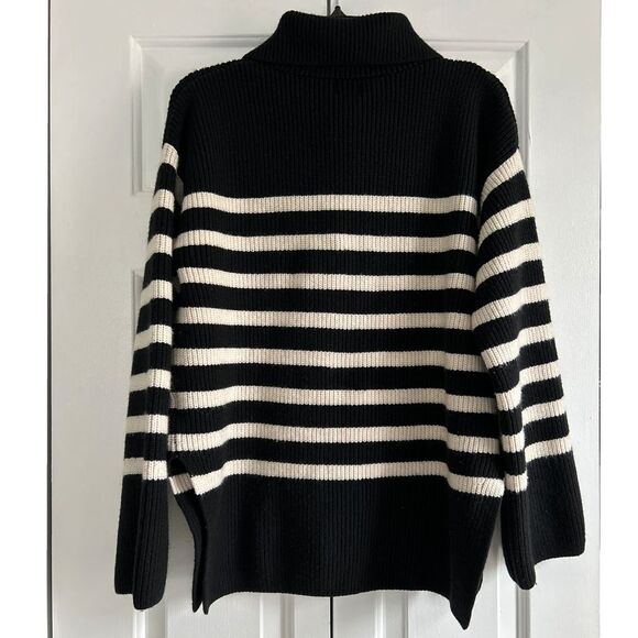 HM Chunky Knit Striped QuarterZip Sweater Black & White Nautical Ribbed Pullover - Picture 2 of 6